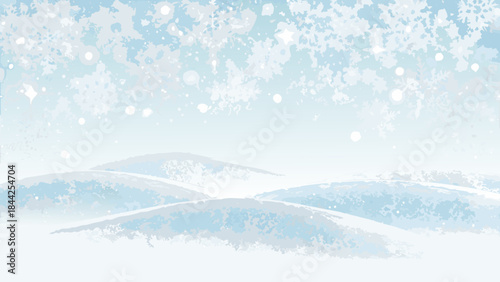 Winter landscape with snowy hills and falling snowflakes against a pale blue sky