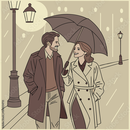 Romantic Couple Walking In Rain