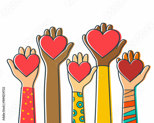 Diverse hands reaching up each holding a vibrant red heart symbol
