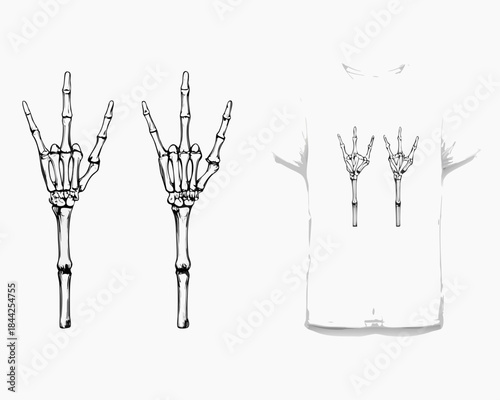 Skeletal hands making the devil horns gesture on a white tank top design