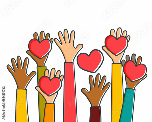 Diverse hands raised holding red hearts symbolizing love and support