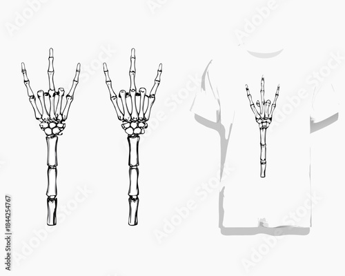 Skeletal hands making the rock on sign and a t shirt design mockup