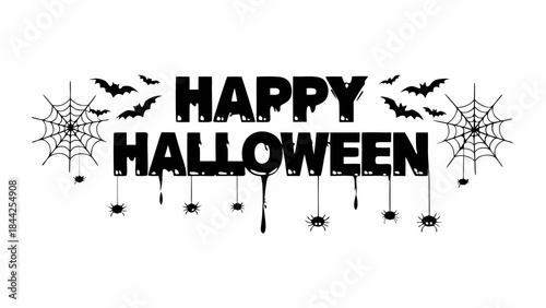 Happy halloween text with spiderwebs and spooky bats decoration