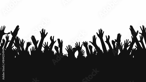 A sea of raised hands silhouetted against a bright white background