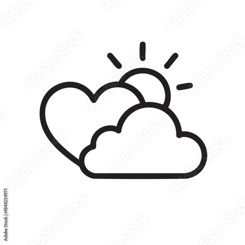 A simple black and white line drawing depicts a sun partially obscured by fluffy clouds creating a serene weather icon