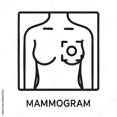 A simple line drawing illustrates a mammogram scan showing the chest area and breast imaging clearly