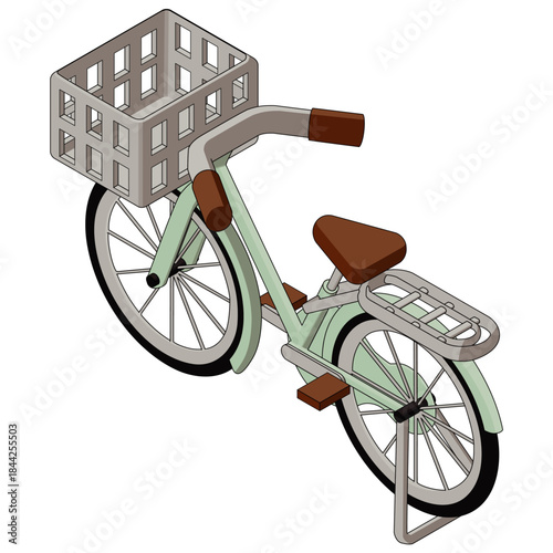 前かご付き自転車のアイソメトリックベクターイラスト。主線あり、左面法、後ろ向き。