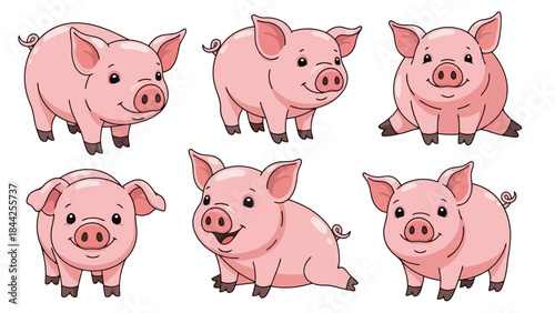 Collection of Six Adorable Pink Cartoon Pigs Posing in Various Cute Positions