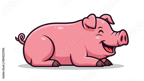 Happy Pink Pig Lying Down, Cartoon Vector Illustration with Cute Swirl Tail