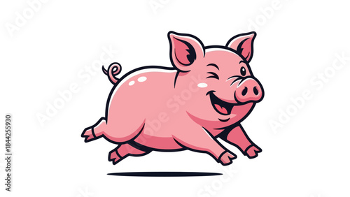 Cheerful Pink Pig Cartoon Character Running Joyfully with a Big Smile