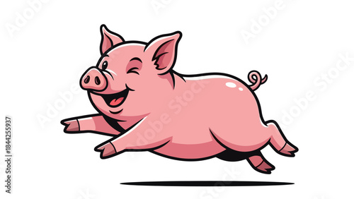 Joyful Cartoon Pig Running Joyfully with a Winking Eye and Curly Tail
