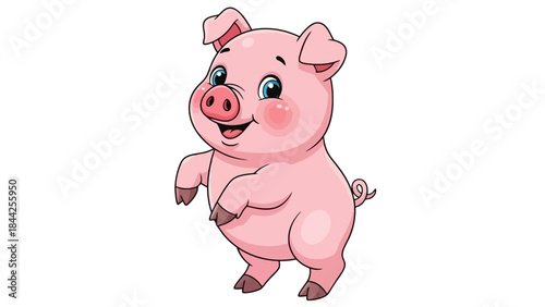 Cheerful Pink Pig Character Standing on Hind Legs with a Curly Tail