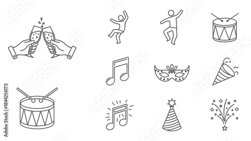 Set of outline icons for party and celebration including toasting champagne glasses, dancing people, drums, musical notes, a masquerade mask, a party popper, a party hat, and fireworks