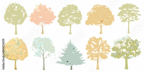A collection of stylized trees in varying shapes and autumnal colors