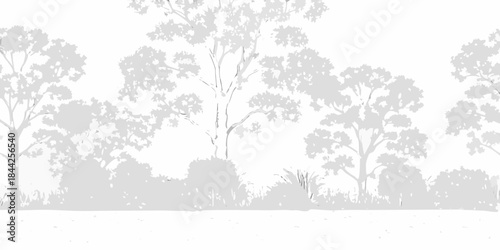 Silhouetted trees and shrubs against a bright hazy and undefined background