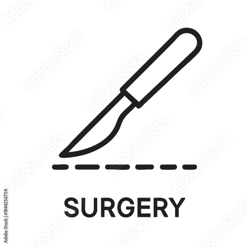 A simple black line drawing depicts a scalpel poised above a dashed line with the word surgery below