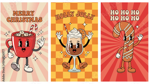Retro Christmas holiday cards featuring cartoon hot chocolate mug, drink, and candy cane characters.