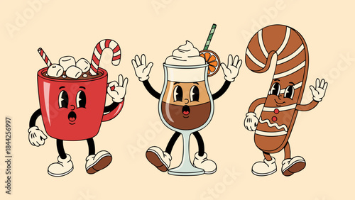 Three retro cartoon characters of hot chocolate, coffee, and a gingerbread candy cane, dancing and posing.
