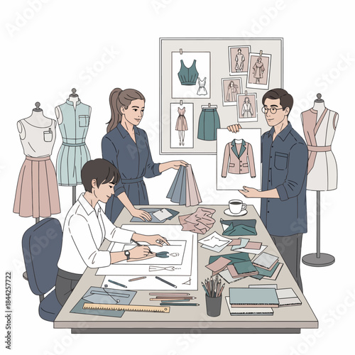 Tre stilisti di moda collaborano in uno studio creativo, disegnando e discutendo nuovi modelli di abbigliamento.