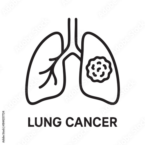 A simplified line drawing depicts human lungs with a highlighted growth indicating lung cancer awareness and medical illustration