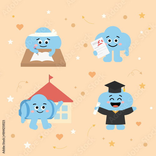 귀여운 파란 캐릭터들의 학교생활 일러스트