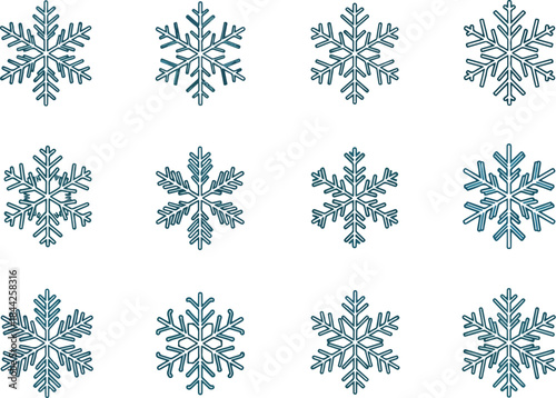 Twelve teal snowflake icons arranged in three rows of four on a white background