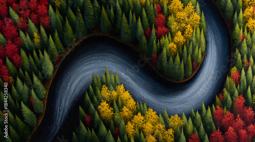 River's Embrace: An aerial perspective of a winding river meanders through a vibrant forest, the water reflecting the sky, surrounded by a colorful tapestry of trees.