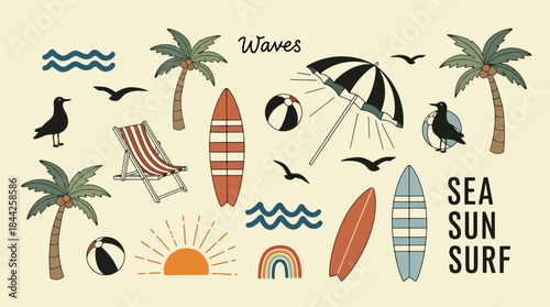 Vintage style illustrations representing summer beach and surf culture with palm trees and waves