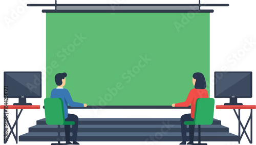 Two people seated before a large green screen setup with side monitors