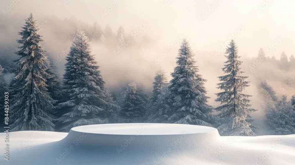 Obraz premium Christmas tree with white snowdrift,snowflakes,snow land,podium with bauble,Christmas theme stage podium mock up for product placement,Happy New Year. Celebrate party,Xmas Poster,web banner,festive.