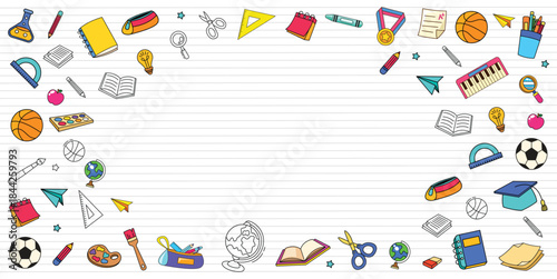 Hand drawn education and stationary element doodle template background