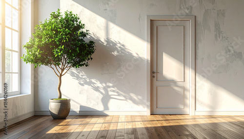 Indoor plant on wooden floor with empty white concrete wall background ai generative
5