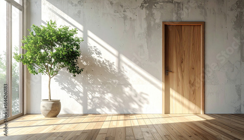 Indoor plant on wooden floor with empty white concrete wall background ai generative
4