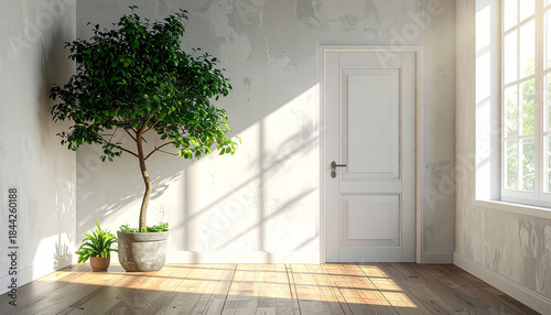 Indoor plant on wooden floor with empty white concrete wall background ai generative
3