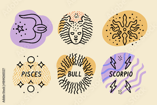 Zodiac symbols and astrological signs illustrated with a whimsical and artistic style