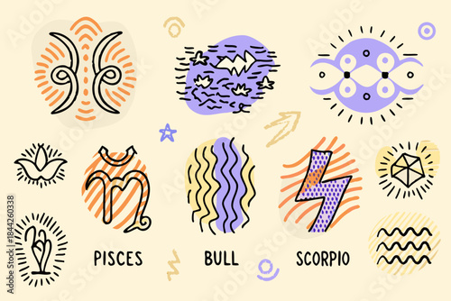 Abstract illustration of zodiac signs and mystical symbols in pastel tones