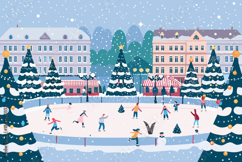 Charming winter cityscape with an outdoor ice skating rink and festive decorations