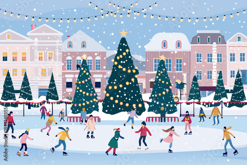 A festive winter scene with an ice rink and decorated town buildings
