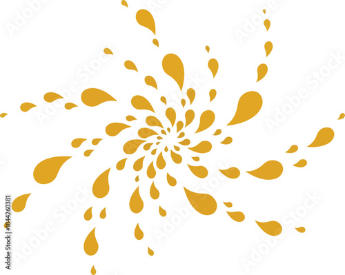 Yellow liquid splashes radiating outward from a central spiral pattern on white