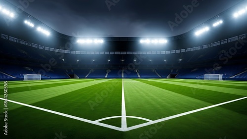 A soccer stadium with green field and bright lights at night
