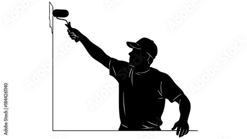 Construction painter man silhouette with roller renovating wall
