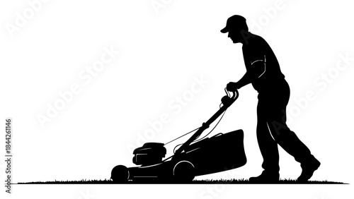 Gardener silhouette cutting grass with lawn mower machine

