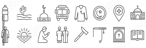 Islamic vector outline icon set featuring Muslim religious symbols for Ramadan ka-reem Eid Mubarak celebrations, suitable for website design presentations educational materials branding templates.