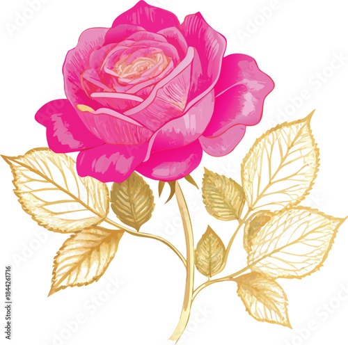 a vibrant pink rose with golden leaves delicately presented on a white background