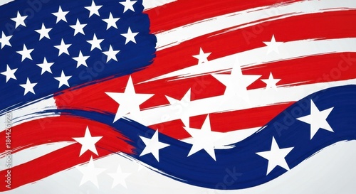 Vibrant abstract American flag with bold red and blue brush strokes, scattered stars on white background, modern patriotic pop art style