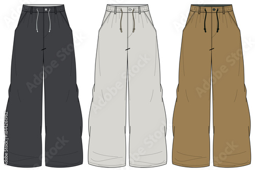 mens drawstring waist wide leg baggy trouser flat sketch vector illustration technical cad drawing template