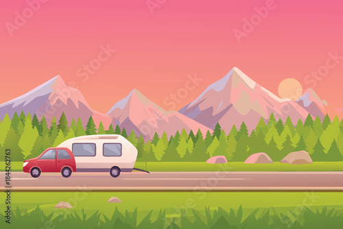 A red car towing a camper travels along a road with mountains and