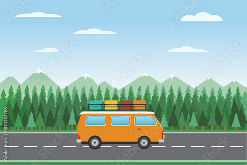 A vibrant orange campervan travels along a scenic road with mountains and trees