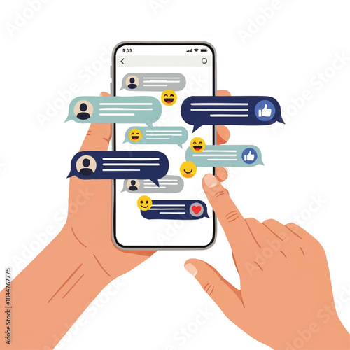 Hands holding smartphone with colorful social media chat bubbles