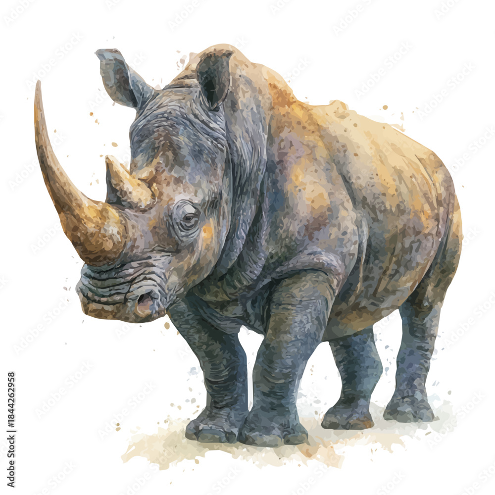 Fototapeta premium Watercolor illustration of Rhinoceros, vector artwork, isolated on white background.